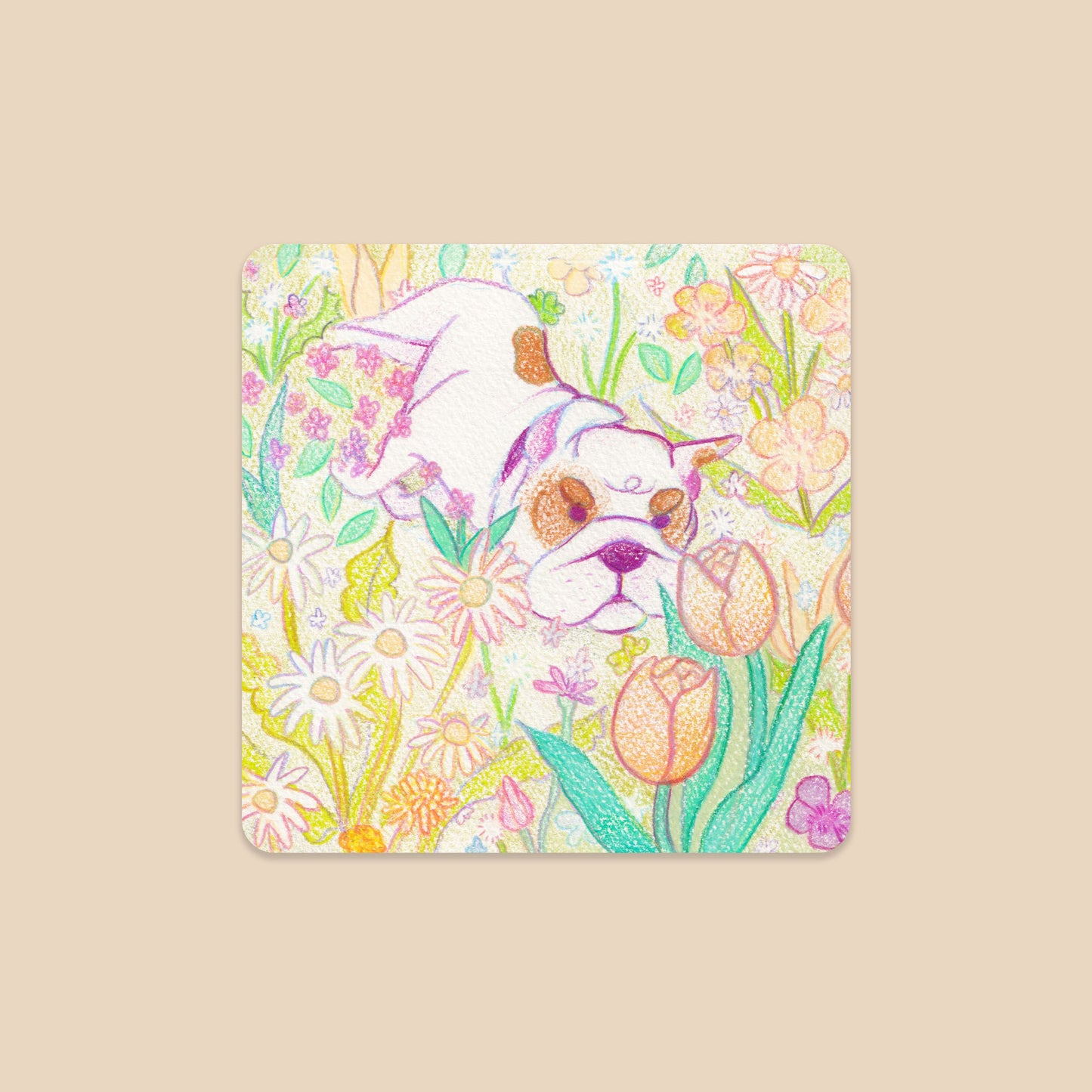 Brock the Garden Bulldog Sticker - Tulips